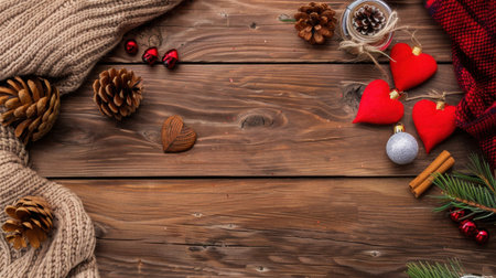 Embrace the holiday spirit with this cozy rustic wooden background adorned with Christmas decorations, pinecones, and charming hearts. Perfect for seasonal projects.の素材