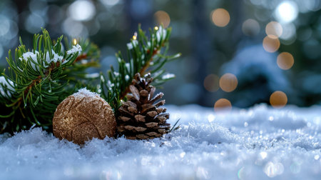 A stunning close-up of a golden Christmas ornament and pine cone resting on a snowy surface, surrounded by lush greenery and soft bokeh lights.の素材