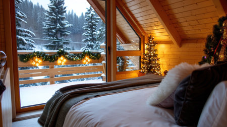 Experience the charm of a cozy wooden cabin adorned for the holidays. Enjoy a peaceful winter view from the warm interior, surrounded by snow-covered trees.の素材