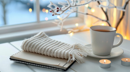 This cozy winter scene captures the essence of relaxation with a warm cup of tea, a knitted scarf, and soft candlelight by the window, creating a serene atmosphere.の素材