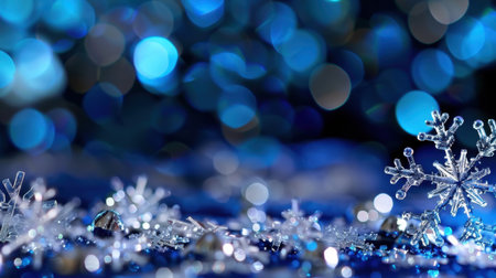 Stunning image featuring intricately designed snowflakes resting on a deep blue surface, accentuated by shimmering bokeh lights, ideal for winter-themed projects.の素材