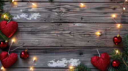 This captivating image showcases festive holiday decorations, featuring vibrant red hearts and warm string lights, beautifully arranged on a rustic wooden background.の素材