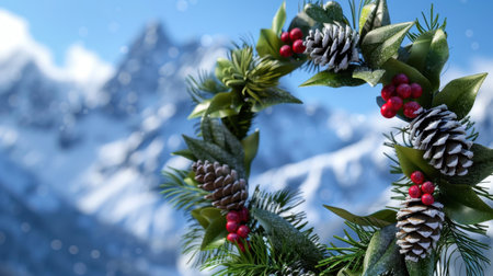 A close-up view of a festive holiday wreath featuring pinecones and red berries, framed against a breathtaking snowy mountain backdrop.の素材