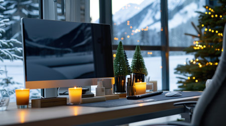 A cozy modern workspace featuring a computer and warm candles, surrounded by a breathtaking winter landscape and festive holiday decorations. Ideal setting for inspiration.の素材