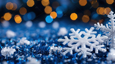 This image captures sparkling snowflakes placed on a blue glittery surface with soft glowing lights in the background, creating a magical winter atmosphere.の素材