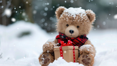 A charming teddy bear sits in a snowy environment, wearing a cozy scarf, with a gift box beside it. This image captures the warmth and joy of winter celebrations.の素材