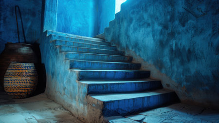 A captivating interior features a blue hued stairway illuminated by soft light, complemented by a decorative pot, creating a serene and mysterious ambiance.の素材