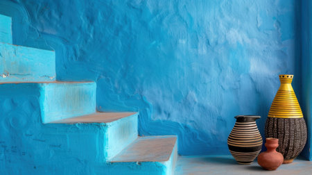 This image features a stunning blue wall with an inviting staircase, complemented by uniquely crafted vases that add character and charm to the space.の素材