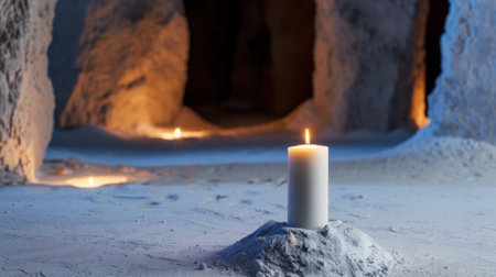 A serene composition of a single white candle illuminating a cave environment, creating a peaceful atmosphere perfect for meditation or relaxation.の素材