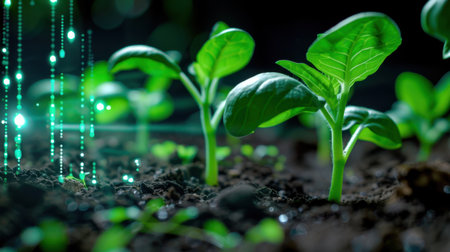 Vibrant seedlings emerge from rich soil, enhanced by digital effects that symbolize the fusion of agriculture and technology, representing innovation in growth.の素材