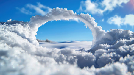 A stunning winter scene featuring a beautiful icy arch formed by snow, framing a bright blue sky with fluffy clouds. Perfect for winter themes.の素材