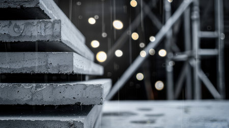 A close-up view of concrete slabs stacked on a construction site, featuring water droplets and a blurred backdrop of lights, creating a moody atmosphere.の素材