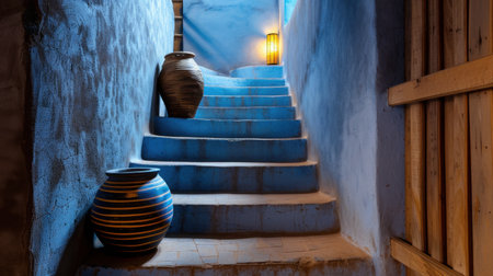 This beautiful image showcases a tranquil blue staircase, adorned with vintage pots, illuminated by a warm lantern, evoking a cozy and inviting atmosphere.の素材