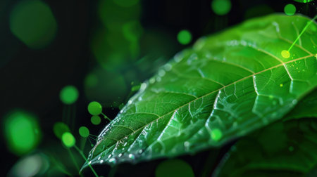 A stunning close-up of a fresh green leaf adorned with sparkling water droplets, set against a softly blurred glowing background, ideal for nature themes.の素材