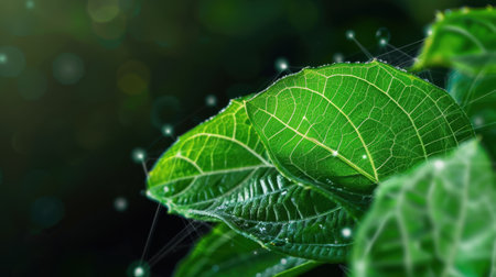 A close-up view of fresh green leaves adorned with water droplets, set against a soft bokeh background, illustrating nature's beauty and vitality.の素材