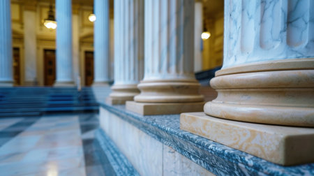 A stunning close-up of classic stone pillars and polished marble steps showcases the intricate details of architectural design, highlighting elegance and history.の素材