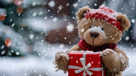 This charming teddy bear, dressed in a cozy red scarf, holds a vibrant gift box amidst a snowy backdrop, creating a perfect festive mood for holidays.の素材