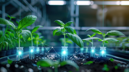 This image highlights an innovative hydroponic garden featuring young green plants growing in transparent vials, illustrating the fusion of technology and agriculture for sustainable growth.の素材