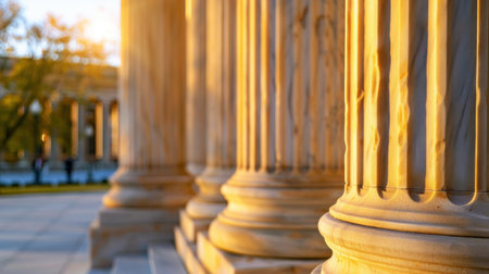 This close-up image captures the warm glow of sunset illuminating classical columns of a grand historical building, emphasizing architectural beauty.の素材
