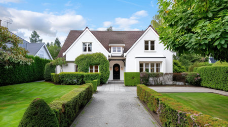 A beautiful, charming suburban house showcases a well-maintained lawn and garden under a stunning blue sky, perfect for family living.の素材