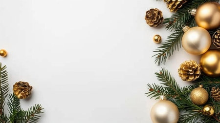 This image showcases a stunning arrangement of golden ornaments and pinecones nestled among fresh evergreen branches on a white background, perfect for holiday themes.の素材