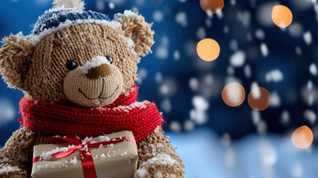A charming teddy bear dressed in a cozy scarf and hat holds a gift box amidst falling snowflakes, evoking feelings of warmth and joy during the festive season.の素材
