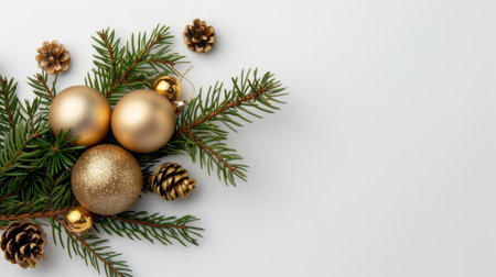 A beautifully arranged holiday decoration featuring golden ornaments among fresh pine branches and elegant pinecones on a white background.の素材