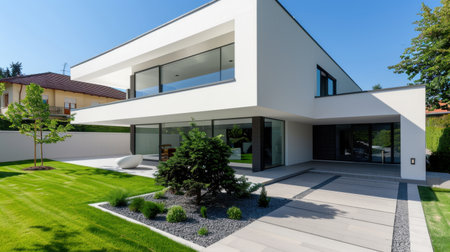 A stunning modern architecture house featuring sleek lines, expansive glass windows, and a thoughtfully designed garden space under a clear blue sky.の素材