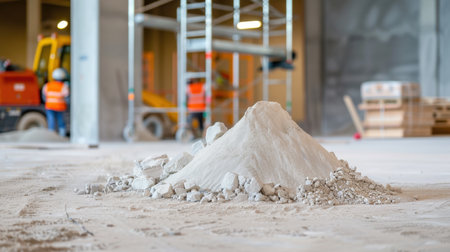 A construction site showcasing a mound of white cement material with workers in safety gear operating scaffolding and equipment in the background.の素材