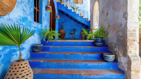 This stunning image features a vibrant blue staircase adorned with lush greenery, creating a tranquil and inviting atmosphere. Ideal for travel or home decor themes.の素材