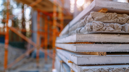 Close-up view of stacked construction materials at a building site, highlighting the textures and colors in a natural setting during daylight.の素材