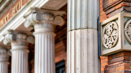 This image showcases an intricate detail of classical architecture featuring decorative columns and ornate relief on a historic building faの素材