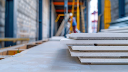 A close-up of stacked wood sheets on a construction site, showcasing workers in the background engaged in building activities, highlighting an industrial atmosphere.の素材