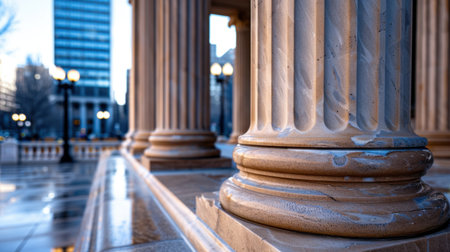 A striking close-up of a classical architectural column, showcasing intricate details and texture against an urban backdrop at dawn.の素材