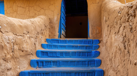 This image captures vibrant blue steps leading up to an archway in a traditional mud house, showcasing earthy walls and rustic charm.の素材