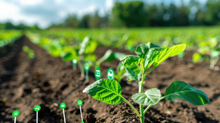 Young green seedlings thrive in rich, dark soil, marked by tags indicating growth stages, bathed in bright sunlight, showcasing agricultural beauty.の素材