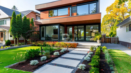 This image features a striking modern house design with sleek lines and large windows, surrounded by lush landscaping and vibrant greenery.の素材