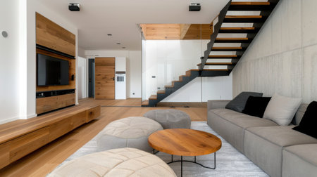 A beautifully designed modern minimalist living room showcasing cozy furniture, natural light, and an elegant staircase, creating a stylish interior.の素材