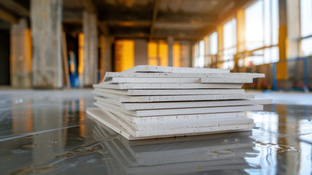 Stacked construction boards rest on a smooth floor in an industrial building under construction, featuring warm sunlight streaming through large windows.の素材