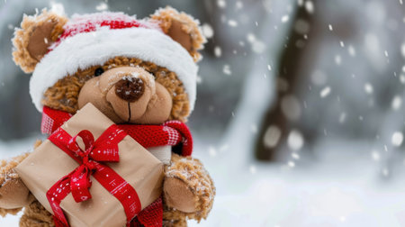 A charming teddy bear in festive attire holds a beautifully wrapped gift against a snowy backdrop, evoking warmth and joy of the holiday season.の素材