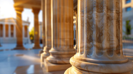 This image showcases a close-up view of a classical marble column illuminated by soft sunlight, displaying beautiful textures and historical significance.の素材