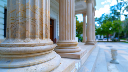 This image showcases a close-up view of elegant classical columns, highlighting intricate details and textures against a softly blurred background, creating a serene outdoor atmosphere.の素材