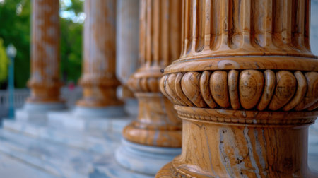 This image showcases a close-up view of ornate wooden columns featuring intricate details and textures, set against a natural background.の素材