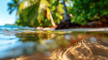 A serene beach scene showcases gentle waves lapping against sandy shores, framed by lush tropical greenery. This tranquil setting invites relaxation and escape.の素材