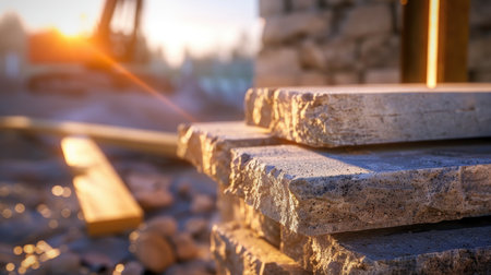 Close-up view of stacked concrete slabs with construction machinery in the background illuminated by warm sunlight, capturing a busy building site.の素材