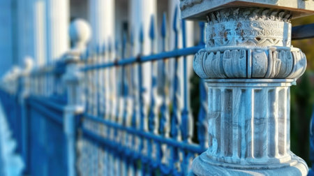 This image showcases a detailed view of an ornate stone pillar and a decorative fence, highlighting the intricate designs and textures in outdoor architecture.の素材