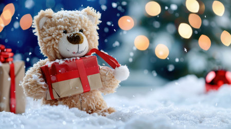 A delightful teddy bear is seen clutching a present amidst a snowy winter landscape, surrounded by enchanting bokeh lights for a festive holiday feel.の素材
