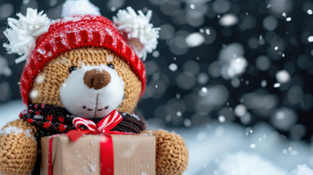 This charming teddy bear is dressed in a warm red hat and scarf, holding a beautifully wrapped gift box while surrounded by gently falling snow, creating a festive mood.の素材