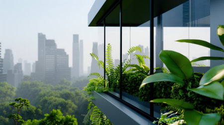 A beautifully designed balcony adorned with vibrant greenery, offering a stunning view of a modern urban skyline, perfect for relaxation and rejuvenation.の素材