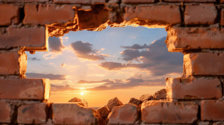 This stunning image captures a picturesque sunset viewed through a cracked brick wall, showcasing vibrant clouds and warm sunlight. Ideal for backgrounds.の素材